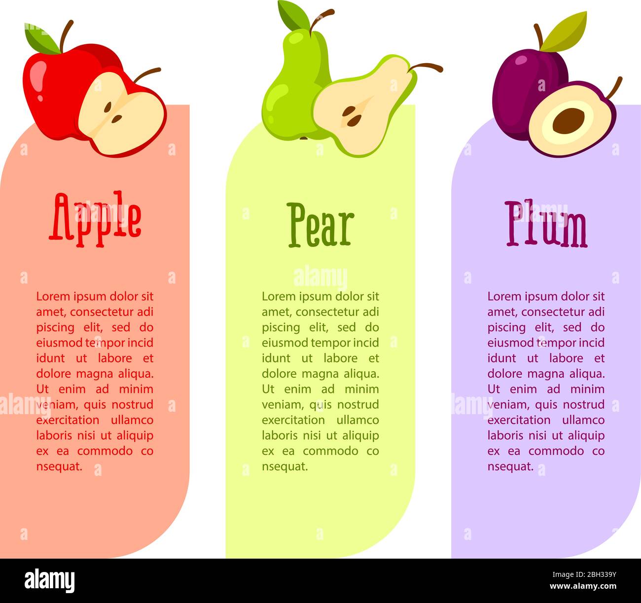 Carte con spazio per il tuo testo. Frutti benefici. Mela rossa, pera e susina. Illustrazione vettoriale Illustrazione Vettoriale