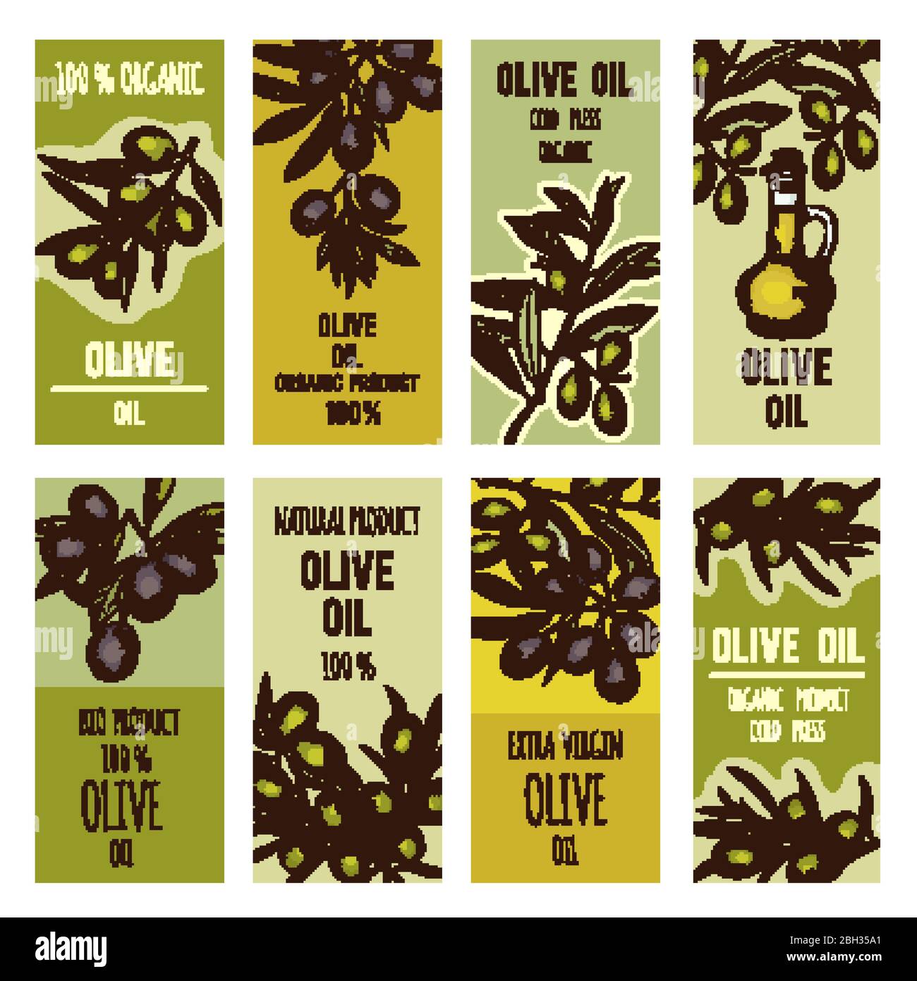 Set di etichette per bottiglie di olio d'oliva. Modello di progettazione vettoriale per prodotti di alta qualità olio d'oliva, illustrazione biologica e naturale Illustrazione Vettoriale