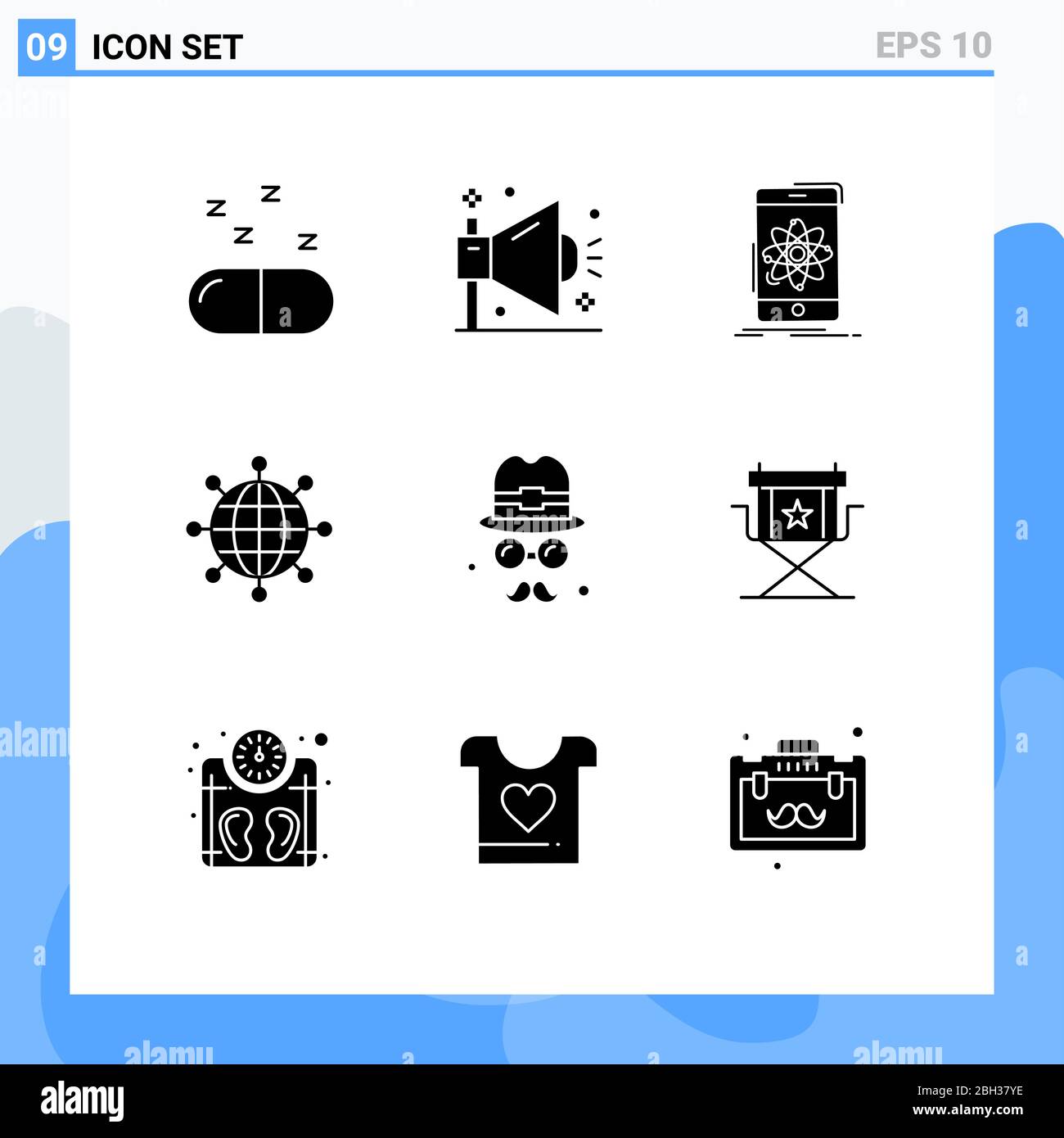 Pacchetto di 9 simboli e simboli Solid Glyphs moderni per supporti di stampa Web come avatar, Global, dati, connessioni, elementi di progettazione vettoriale per la scienza Illustrazione Vettoriale