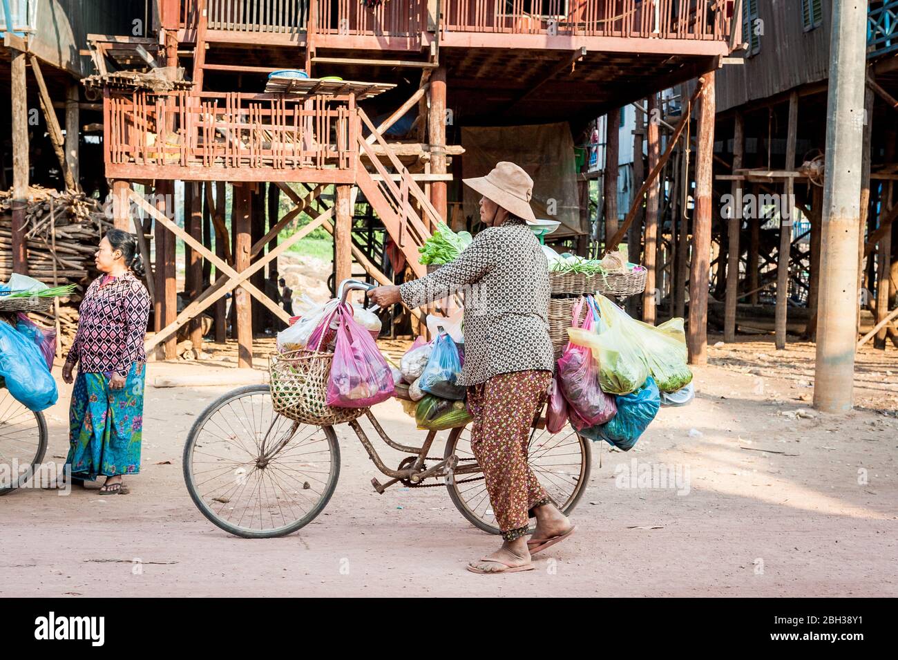 Una signora cambogiana vende verdure dalla sua bicicletta lungo la strada principale al villaggio galleggiante di Kampong Phluk, vicino al lago Tonle SAP, Cambogia. Foto Stock