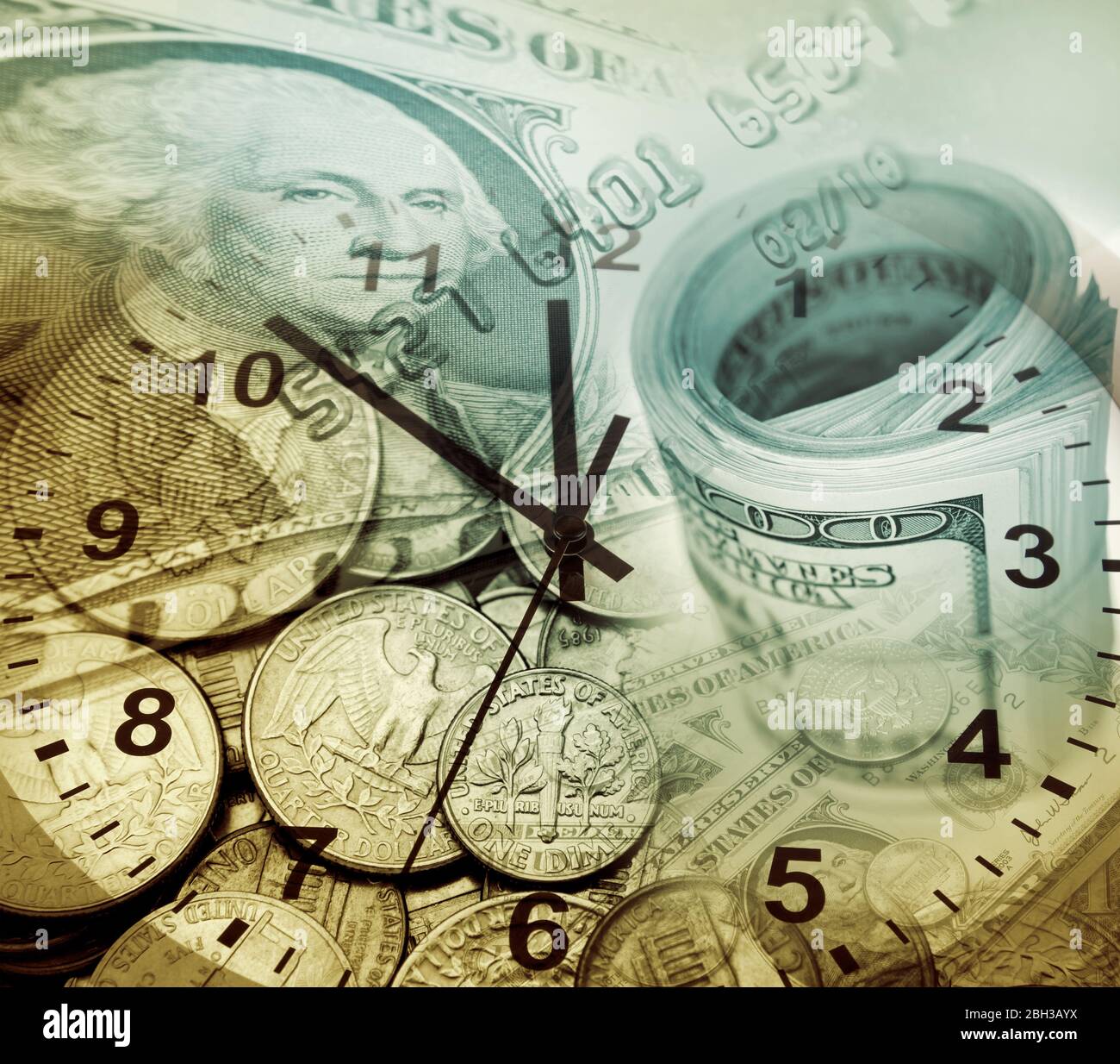 Valuta americana e orologio. Il tempo è denaro Foto Stock
