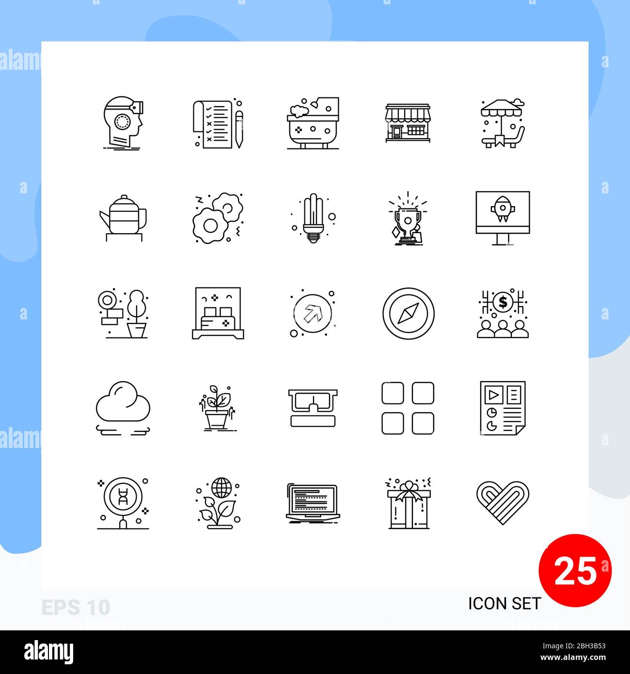 Pacchetto icone vettoriali di 25 simboli e insegne per lettino solare, negozio, bagno, mercato, negozio elementi Editable Vector Design Illustrazione Vettoriale