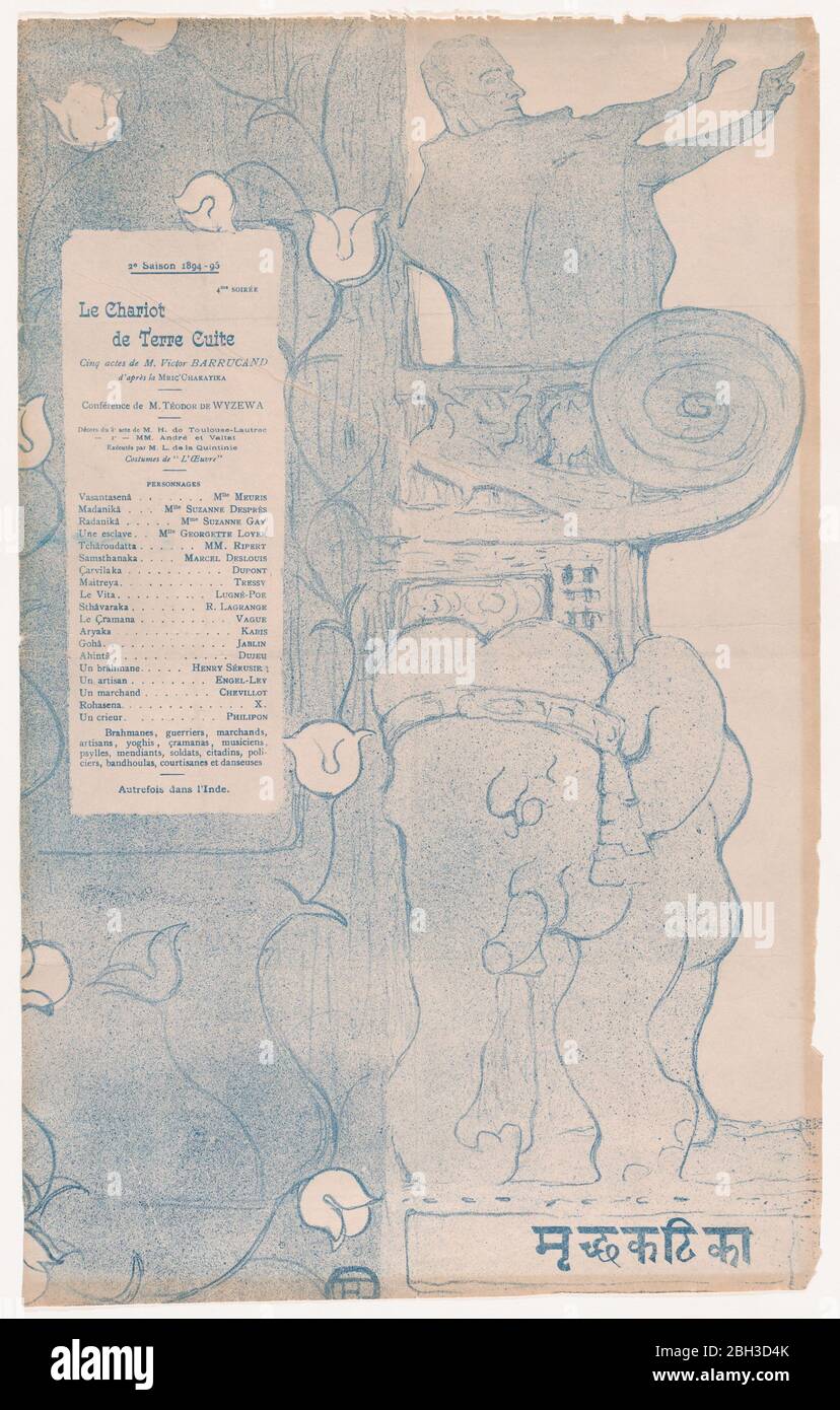 Playbill per "le Chariot de Terre Cuite" (il piccolo carro Clay), 1895. Felix Feneon recita il prologo alla produzione, che ha aperto il 22 gennaio 1895 al Theatre de l'Oeuvre di Parigi. Foto Stock