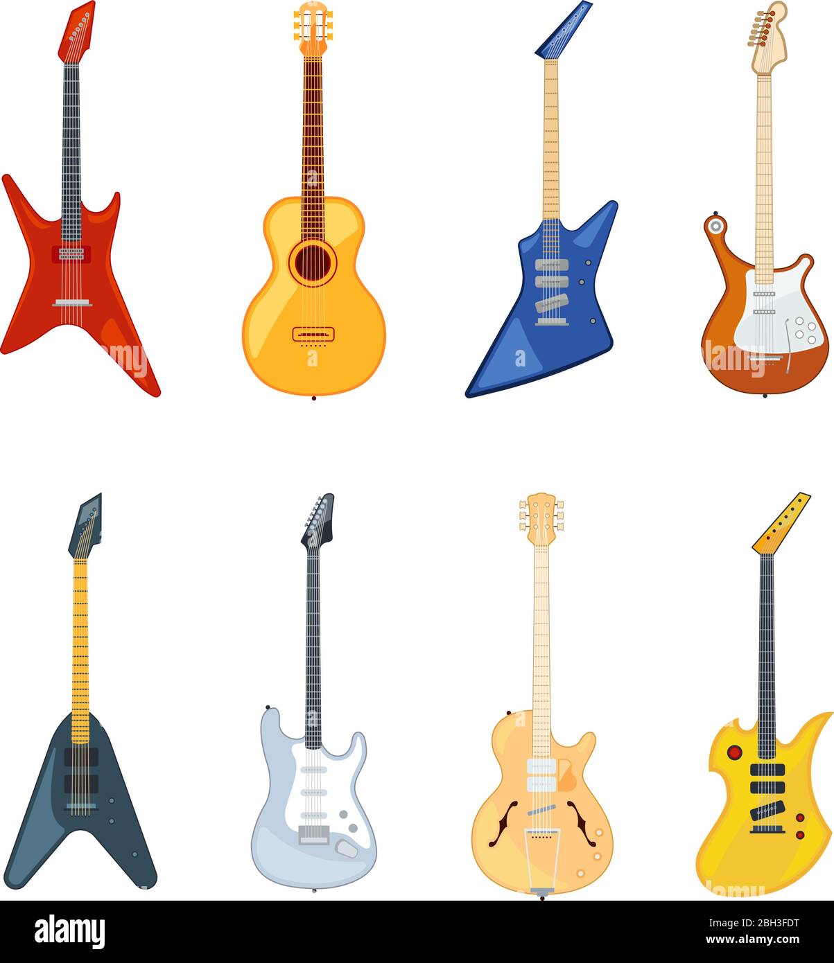 Chitarra acustica e rock. Illustrazioni vettoriali in stile piatto. Strumento per chitarra per musica rock o jazz collection Illustrazione Vettoriale