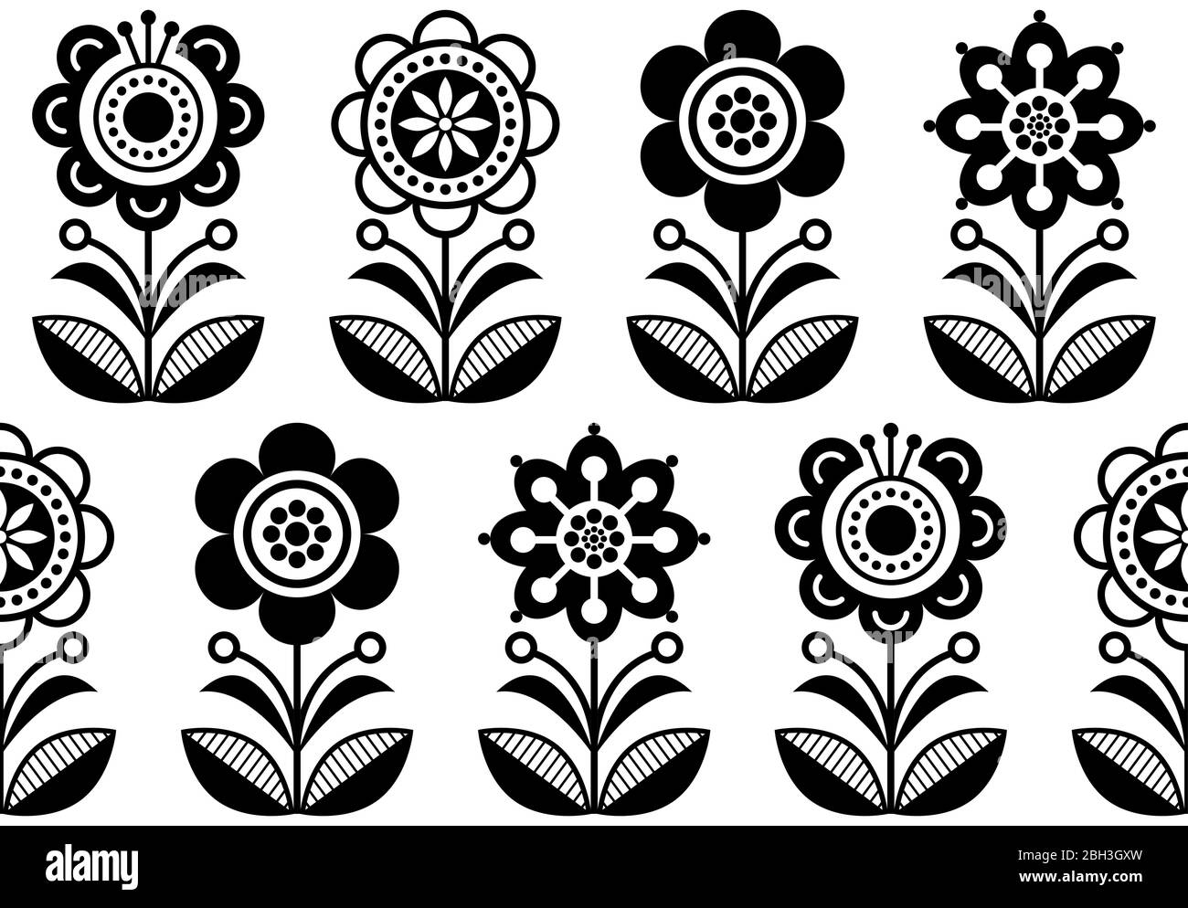 Fiori d'arte folk, motivo floreale vettoriale senza cuciture, design ripetitivo scandinavo bianco e nero, ornamento nordico, fiori di sfondo floreale retrò INS Illustrazione Vettoriale