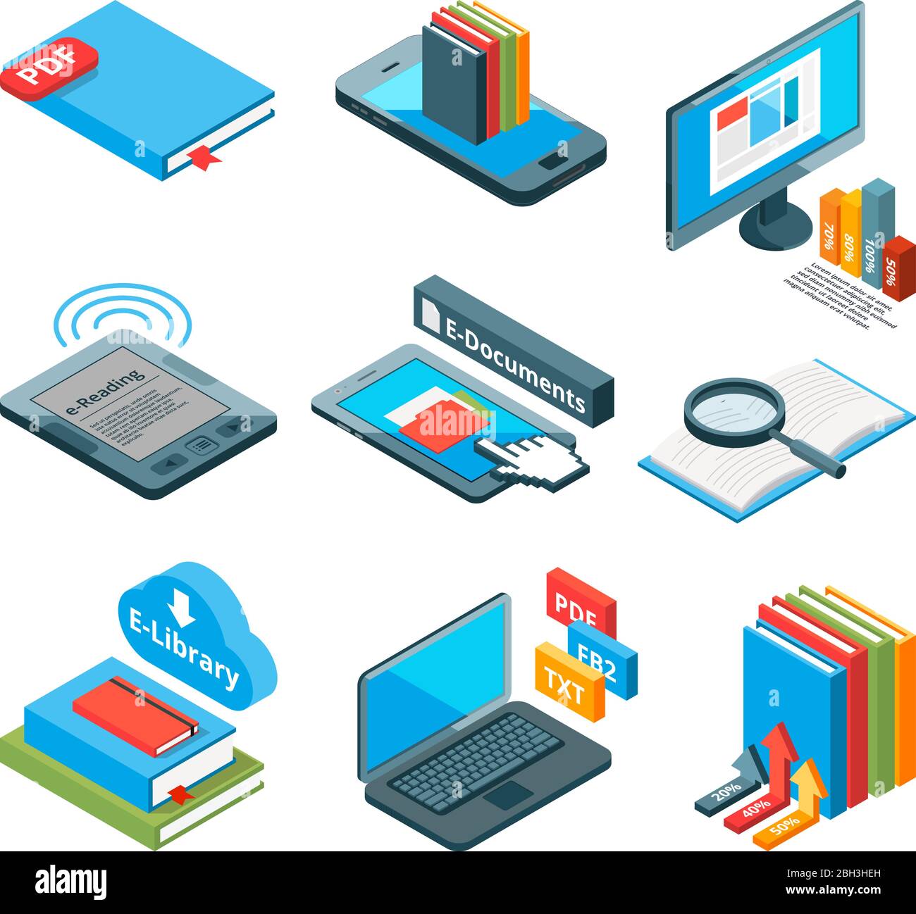 Icone isometriche di libri elettronici e altri gadget per la lettura. Illustrazione di tablet, eBook e lettori elettronici vettoriali Illustrazione Vettoriale