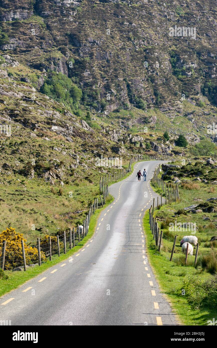 Gap of Dunloe, Irlanda - 11 maggio 2017: Coppia a distanza a piedi attraverso il paesaggio senico del Gap of Dunloe nella contea di Kerry, Irlanda Foto Stock
