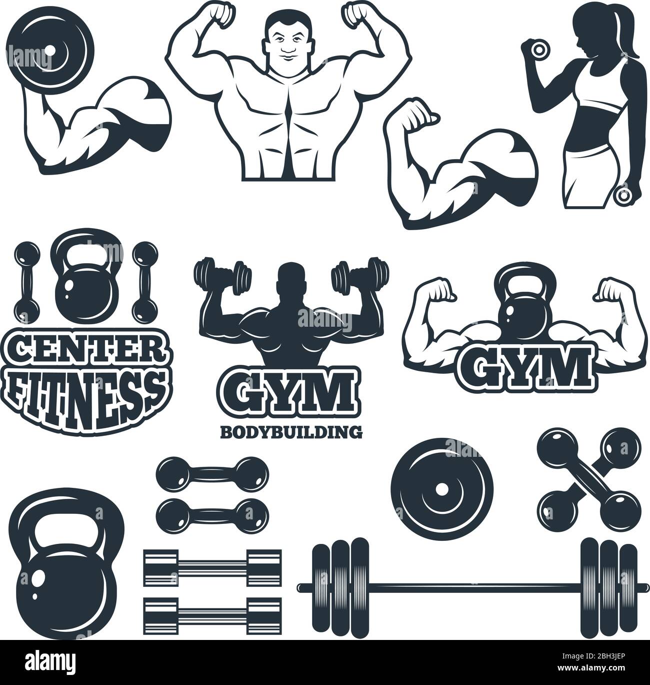 Diversi simboli e badge per il fitness club. Immagini vettoriali per la palestra. Badge fitness e attrezzature sportive per l'illustrazione dell'allenamento Illustrazione Vettoriale