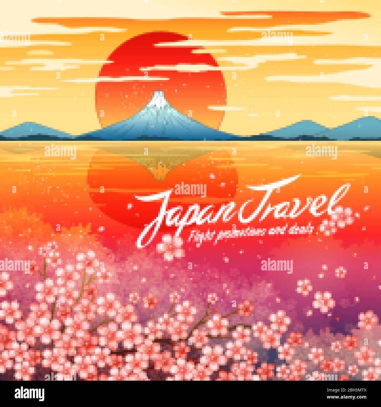 Poster promozionale per viaggi in Giappone, progettato con vista mozzafiato del tramonto sul Monte Fuji, riflesso nelle acque cristalline e in fiore ciliegi sulla riva Illustrazione Vettoriale