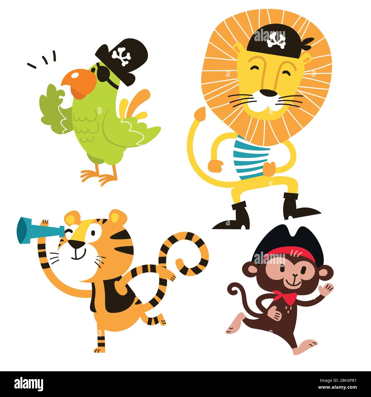 Set di vettori animali. Fumetto scimmia, pappagallo, tigre, leone pirata. Illustrazione Vettoriale