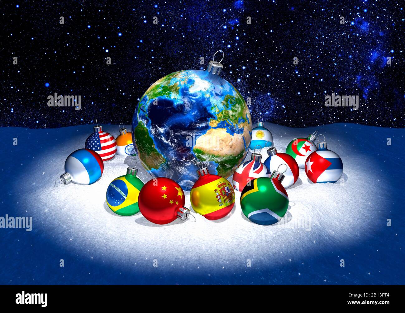 Natale baubles. Pianeta terra circondata da decorazioni più piccole che mostrano bandiere se il mondo. Neve. Sfondo a stella. Celebrazione internazionale. Foto Stock