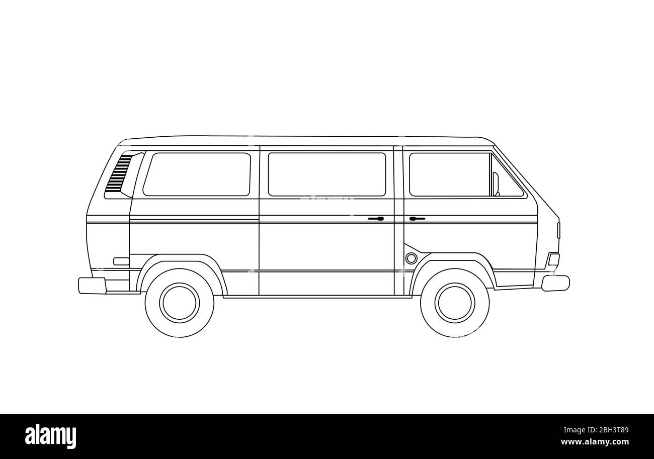 Circuito dettagliato retro, vintage, viaggio, camper van, su sfondo bianco. Furgone vintage con logo Roud. Adesivo rotondo furgone life. Vector eps 10 Illustrazione Vettoriale