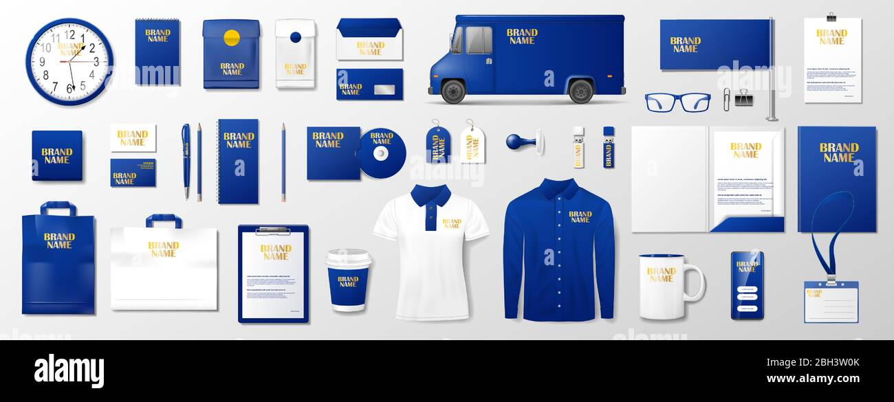 Design del modello di identità del marchio aziendale. Blue Stationery mockup con logo dorato. Cancelleria e documentazione di stile aziendale per il vostro marchio Illustrazione Vettoriale