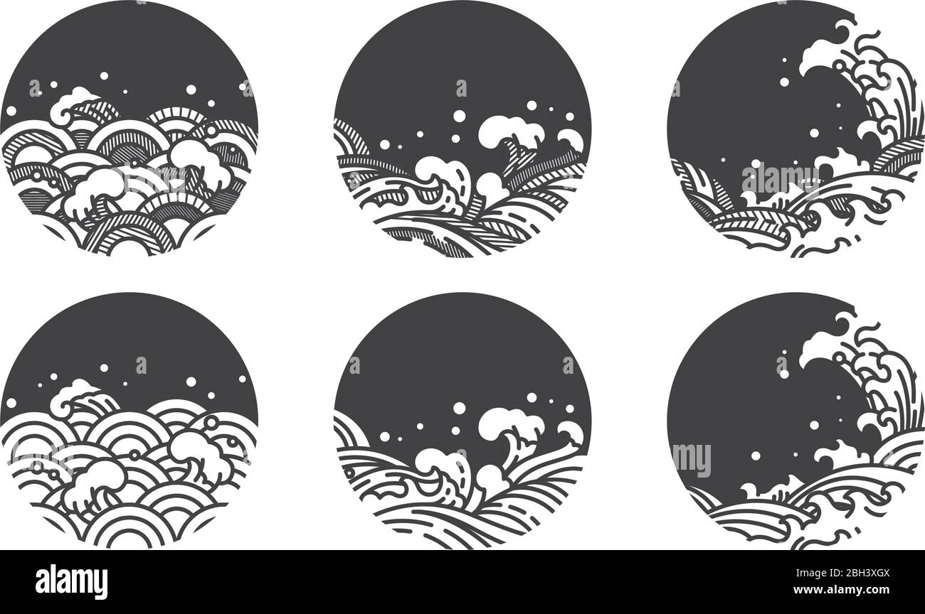 Linea orientale e tradizionale a forma d'onda d'acqua. E ombreggiare con linea a strisce. Giapponese, tailandese, cinese. Disegno decorativo astratto arti. Su da Illustrazione Vettoriale