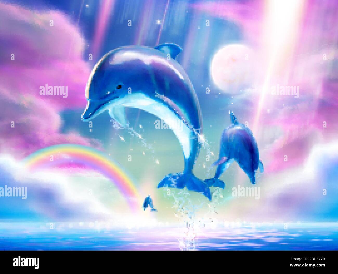 Bella breaching delfini tursiopi su fuchsia tono cielo in 3d illustrazione, Marine murale Illustrazione Vettoriale