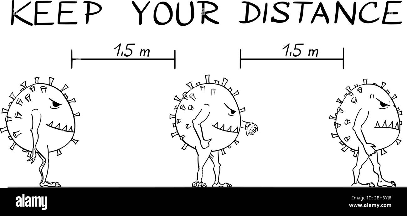 Cartoni animati vettoriali disegno illustrazione didattica coronavirus in linea o come essere in coda durante l'epidemia di coronavirus COVID-19. Mantieni il testo della distanza. Illustrazione Vettoriale