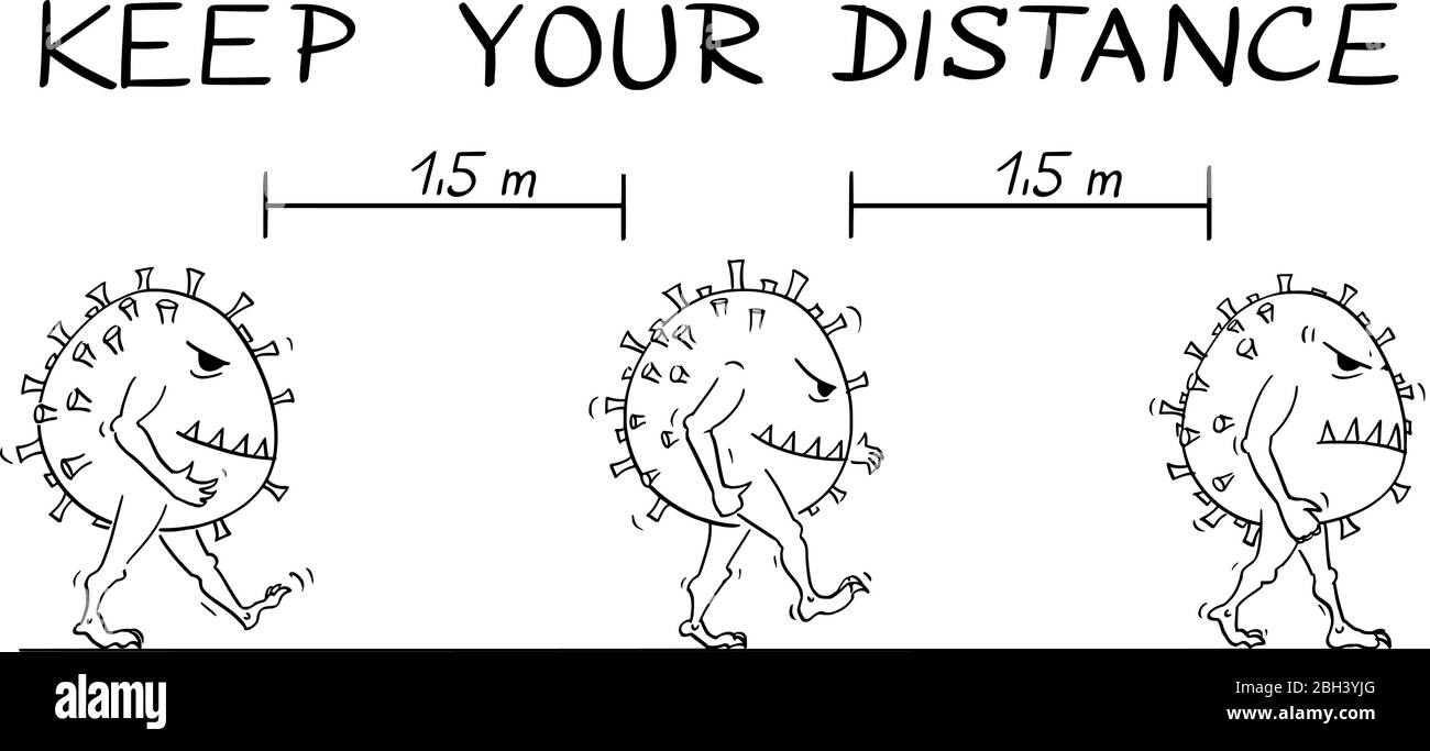 Cartoni animati vettoriali disegno illustrazione istruttiva di coronavirus camminare sulla strada durante l'epidemia di coronavirus COVID-19. Mantieni il testo della distanza. Illustrazione Vettoriale