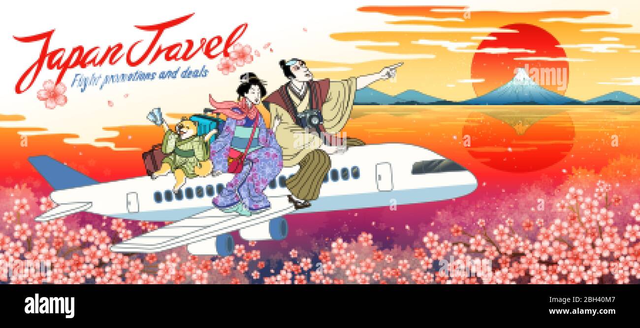 Bandiera promozionale di volo, con geisha, samurai e shiba inu cane eccitatamente volare verso il Giappone per l'avventura etnica Illustrazione Vettoriale