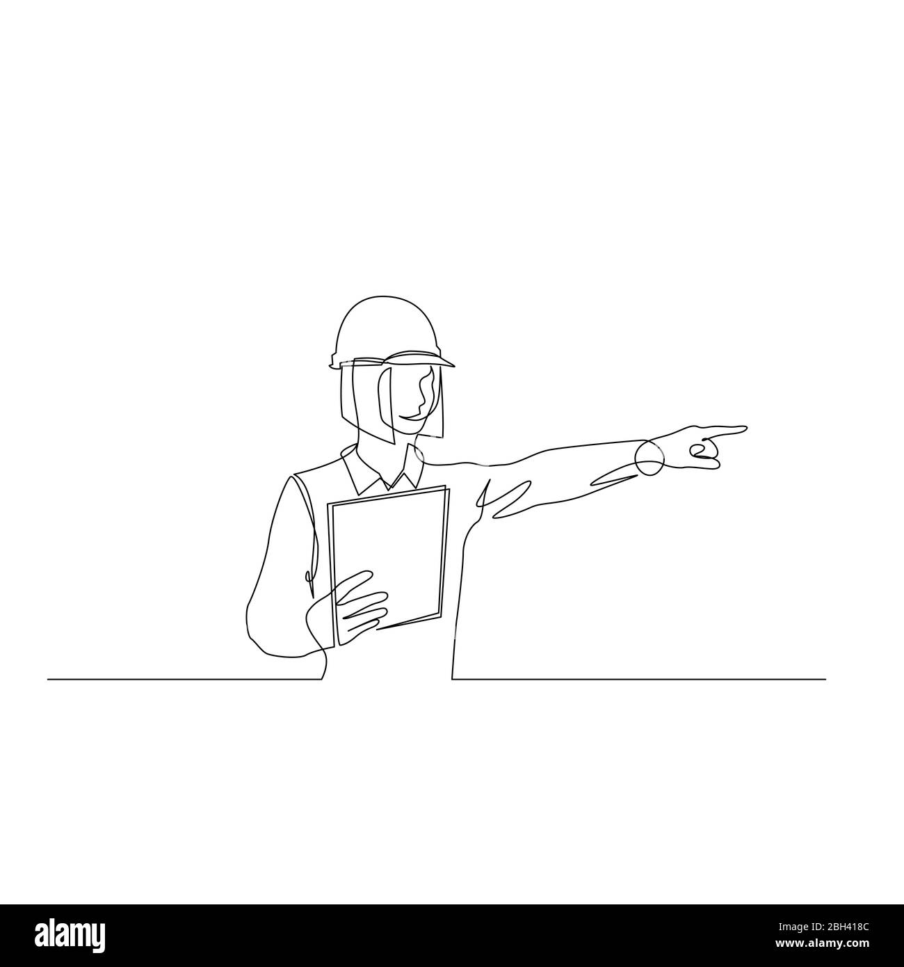 Una donna continua ingegnere in un casco con un tablet controlla il processo, punta un dito. Illustrazione di un vettore. Illustrazione Vettoriale