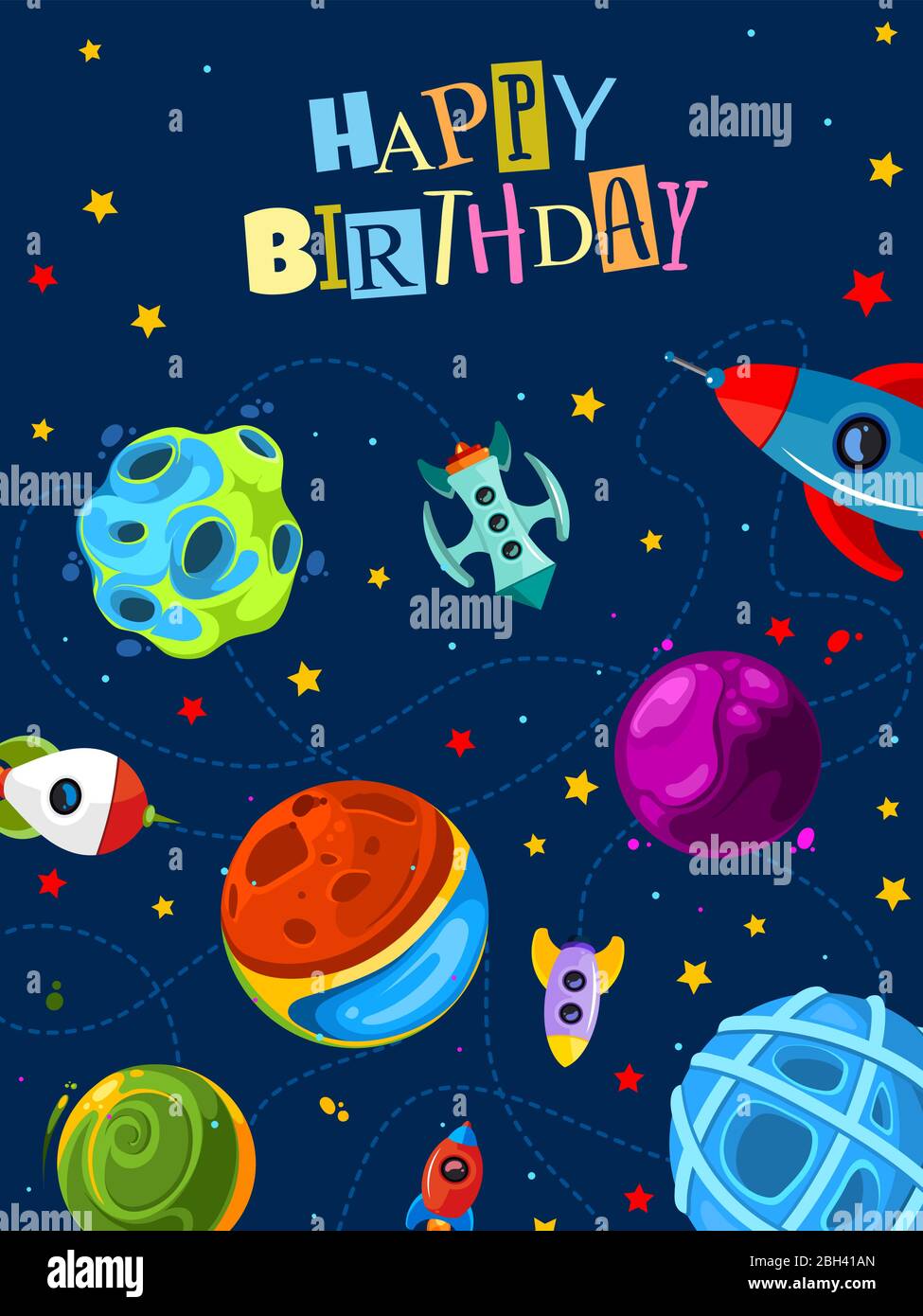 Buona carta regalo di compleanno con pianeti e razzi carini. Buon compleanno  bambini poster con razzo e stella. Illustrazione vettoriale Immagine e  Vettoriale - Alamy