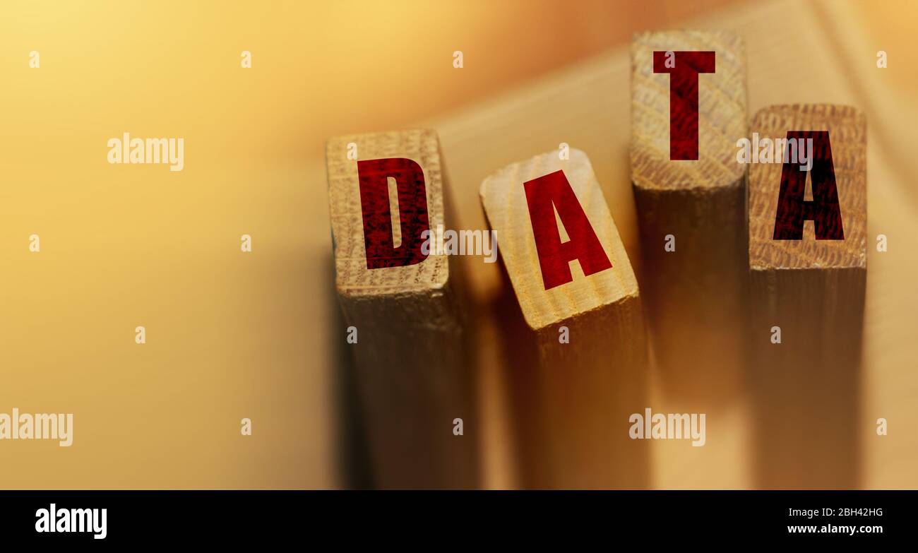 Parola dati scritta su blocchi di legno. Informazioni SEO analisi di storage concetto Foto Stock