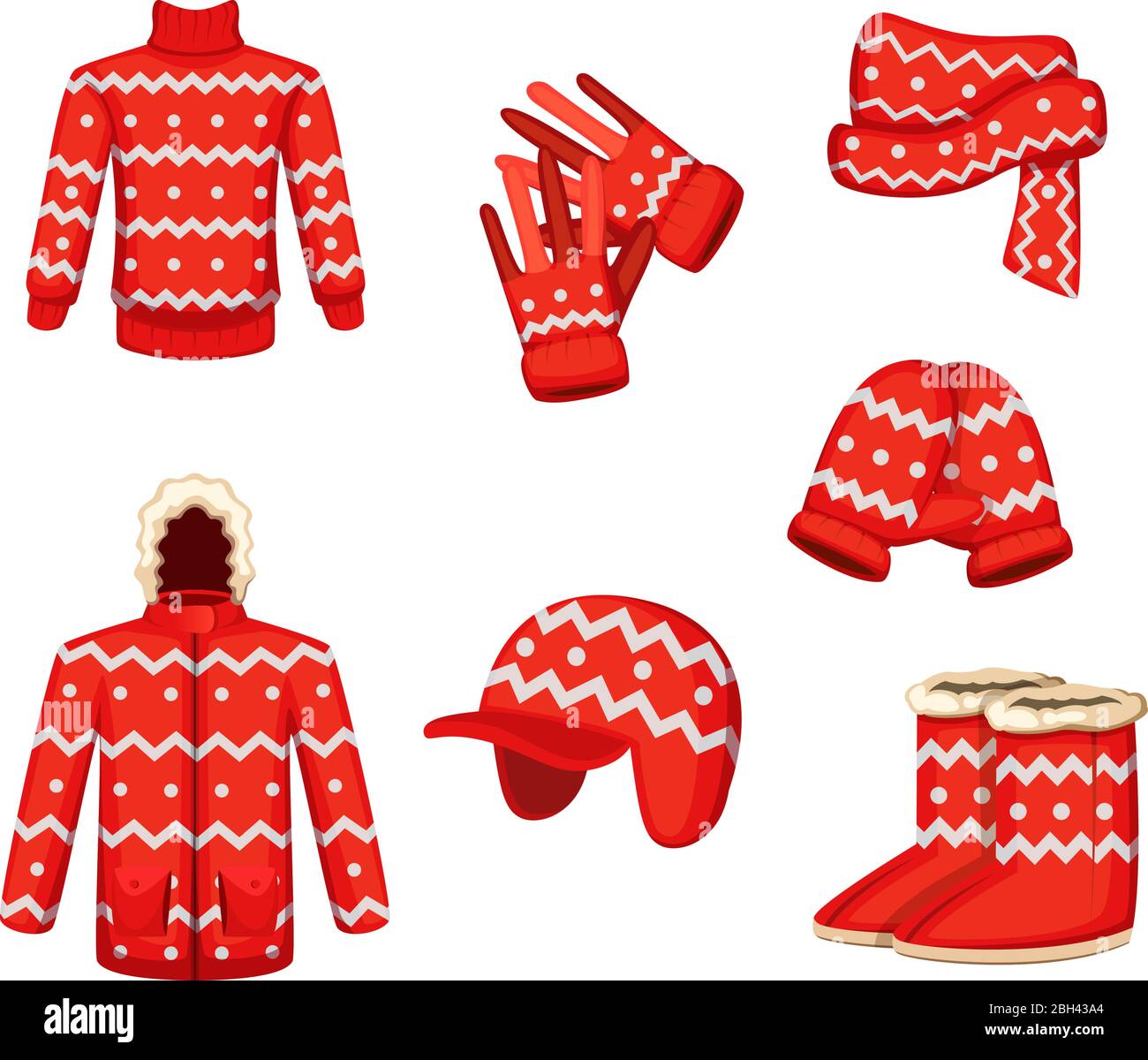 Vestiti a natale stile di festa. Illustrazioni vettoriali per la stagione invernale. Abbigliamento sciarpa e maglione, abbigliamento invernale a maglia Mitten Illustrazione Vettoriale