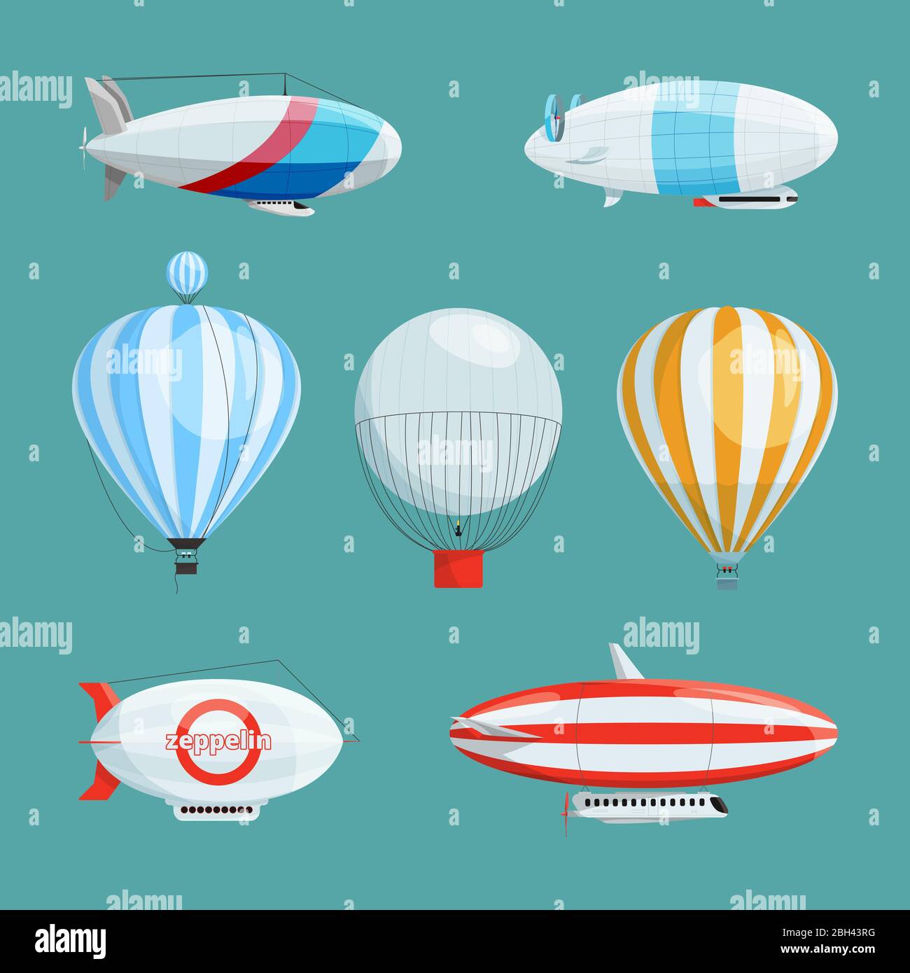 Zeppelin, grandi aeronavi e palloncini con cabina. Illustrazioni vettoriali in stile cartoon. Trasporto in aereo con cesto e cabina Illustrazione Vettoriale