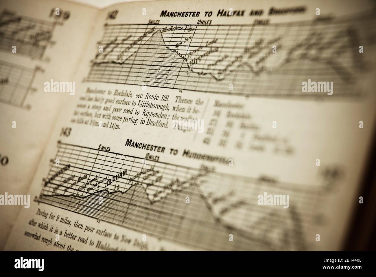 Profili di gradiente per le strade da Manchester a Hallifax e Huddersfield in un libro vintage di profili stradali utilizzati dai conducenti per la pianificazione dei percorsi. Foto Stock