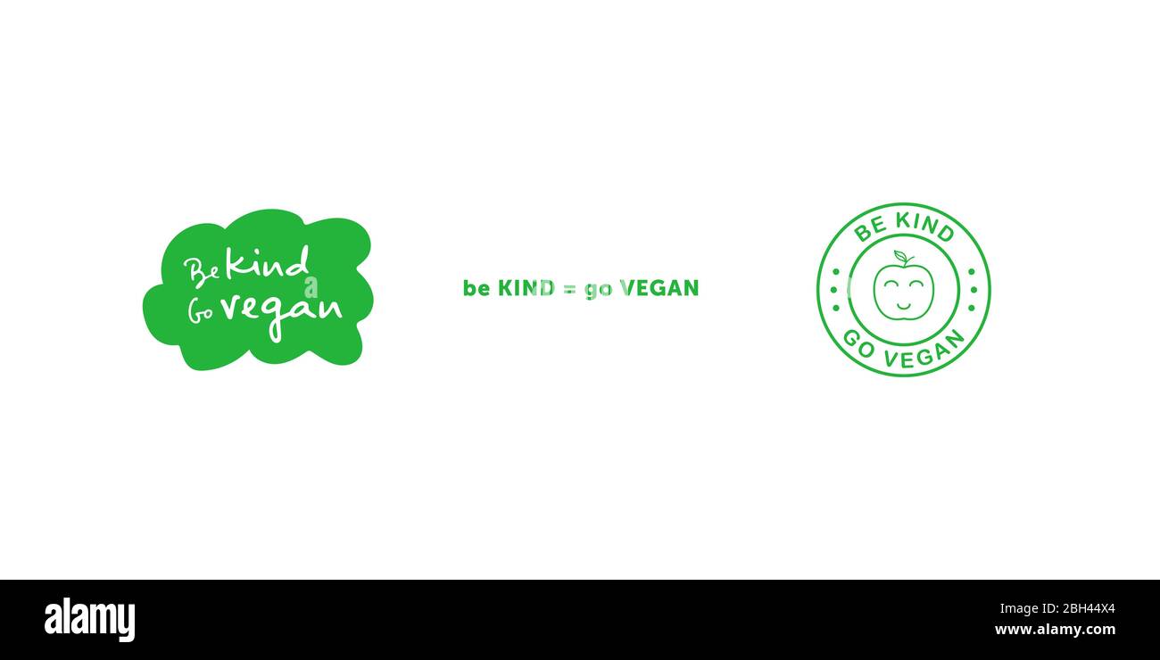 Set di vari segni sul tema vegano. Sia gentile go Vegan titolo manoscritto su adesivo verde nuvola. Sia GENTILE ugualmente va il titolo VEGAN. Sia gentile vada verde di Vegan Illustrazione Vettoriale