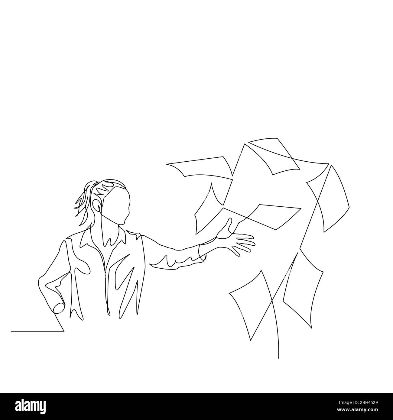 Donna continua a una linea di gettare i documenti in aria davanti a lei. La donna è stanca di tutto e basta. Vettore Illustrazione Vettoriale