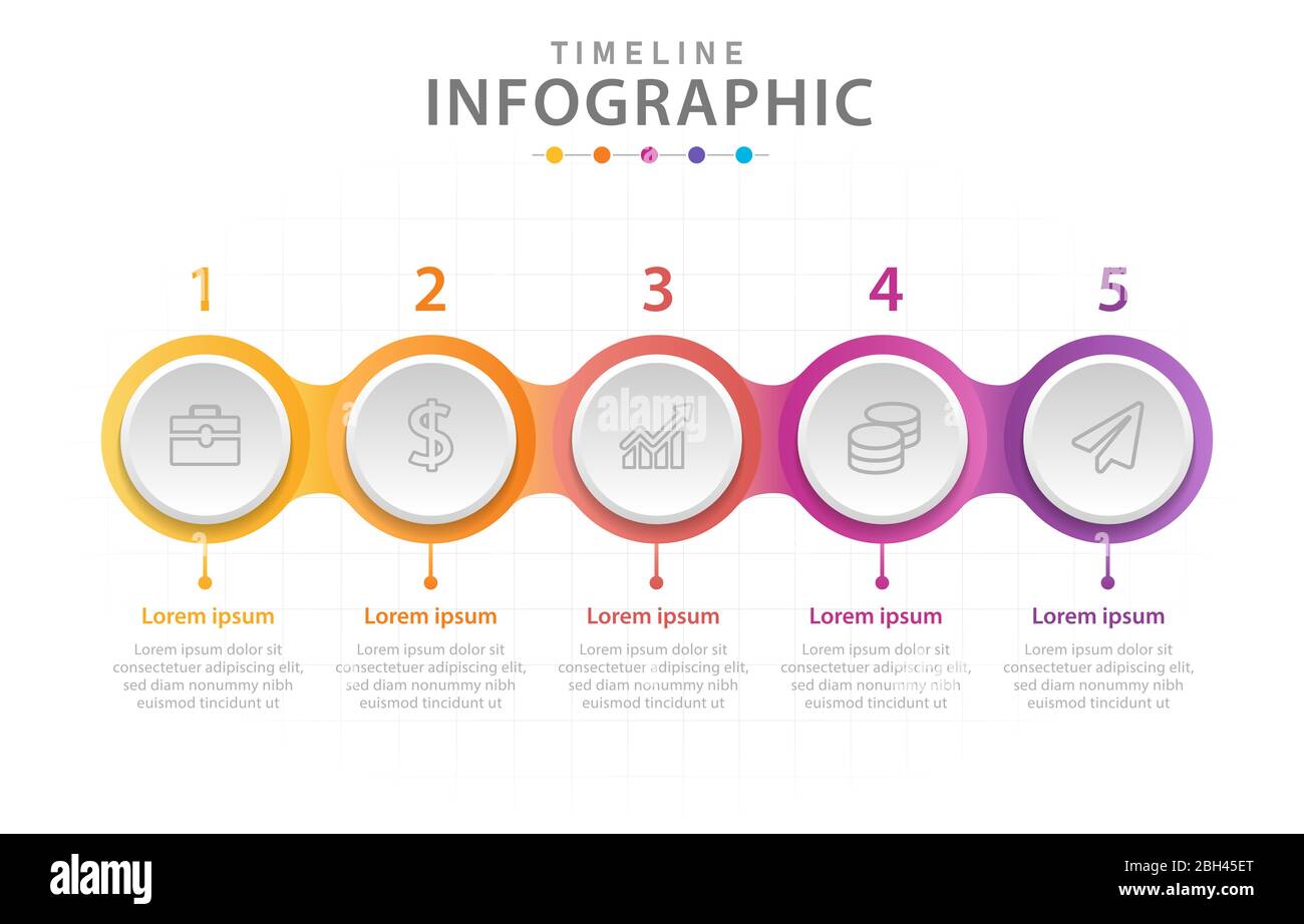 Modello infografico per le aziende. Diagramma cronologico a 5 fasi con cerchi, infografica vettoriale di presentazione. Illustrazione Vettoriale