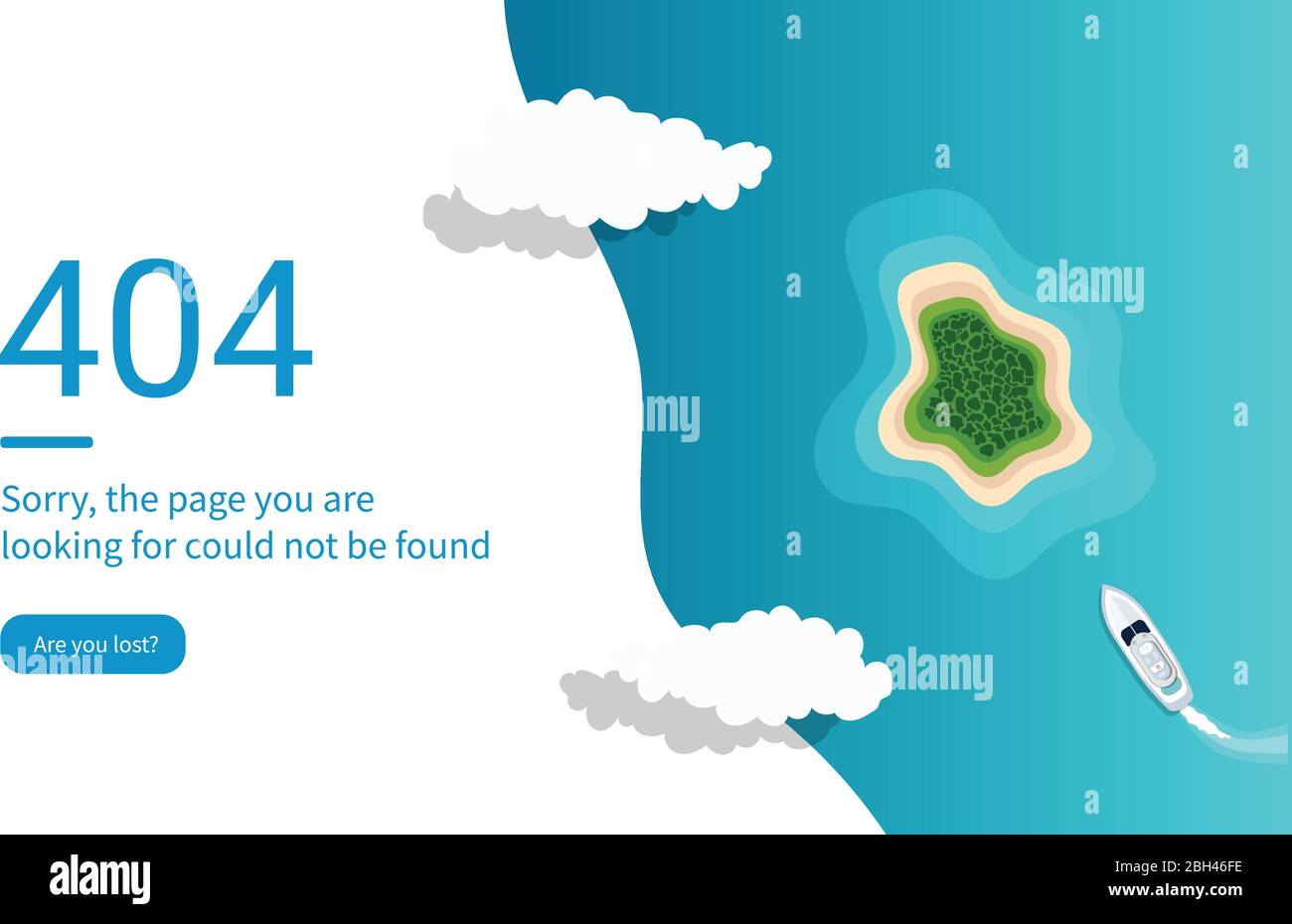 404 errore pagine Web progettazione con Island e Ocean Blue. Può essere utilizzato per cartoline o biglietti di auguri. Modello di progettazione della landing page Illustrazione Vettoriale