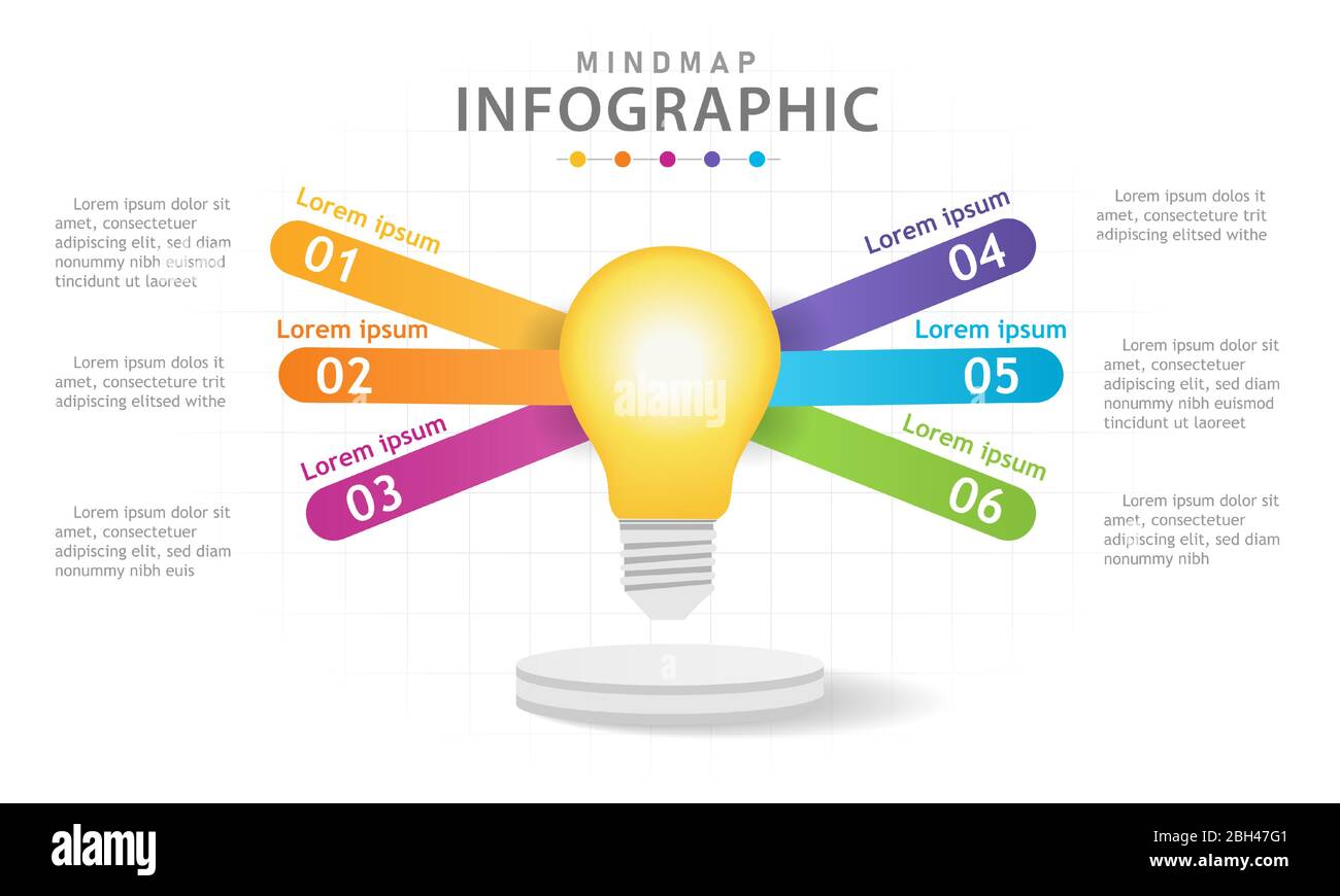 Modello infografico per le aziende. 6 passi moderno diagramma mindmap con lampadina, presentazione di un vettore infografica. Illustrazione Vettoriale