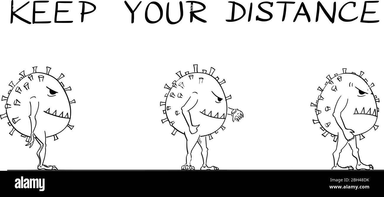 Cartoni animati vettoriali disegno illustrazione didattica coronavirus in linea o come essere in coda durante l'epidemia di coronavirus COVID-19. Mantieni il testo della distanza. Illustrazione Vettoriale