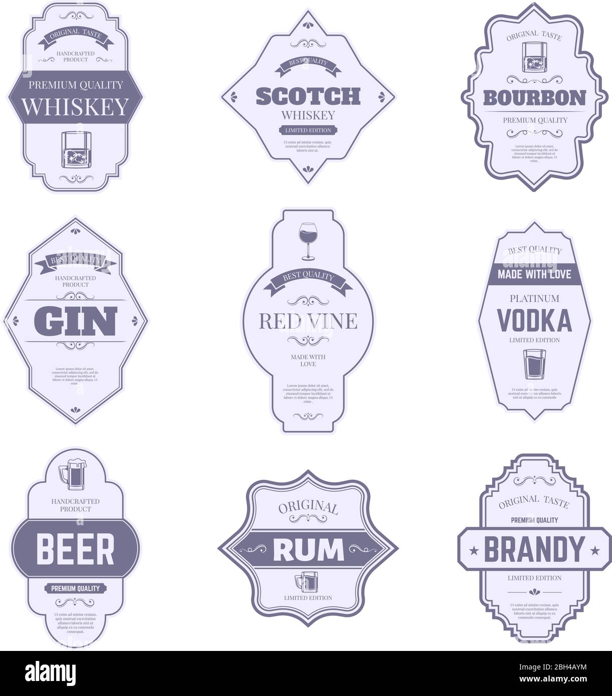 Etichette per bottiglie di alcol. Adesivi alcolici tradizionali, emblema per bottiglie vintage bourbon e gin, etichette per confezioni da bar con simboli isolati vettoriali. Vino Illustrazione Vettoriale