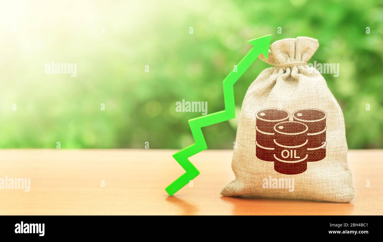 Sacchetto con un barile d'olio e una freccia verde verso l'alto. Aumento dei prezzi del petrolio e stabilizzazione del mercato dell'energia. Ripresa economica dopo la crisi e l’aumento della domanda. G Foto Stock