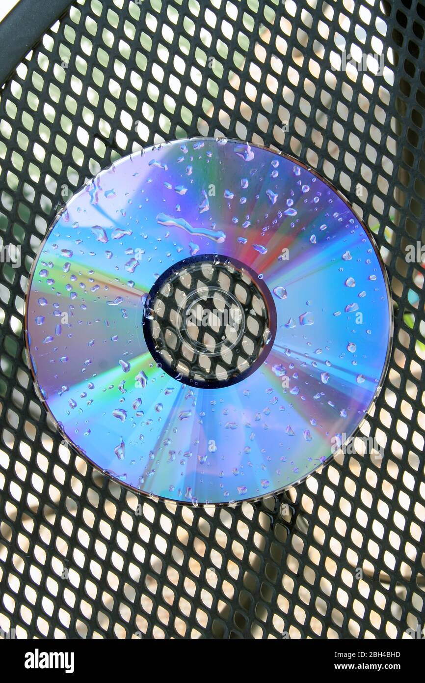 Disco CD bagnato. Disco DVD bagnato. Gocce di pioggia sul disco. Foto Stock