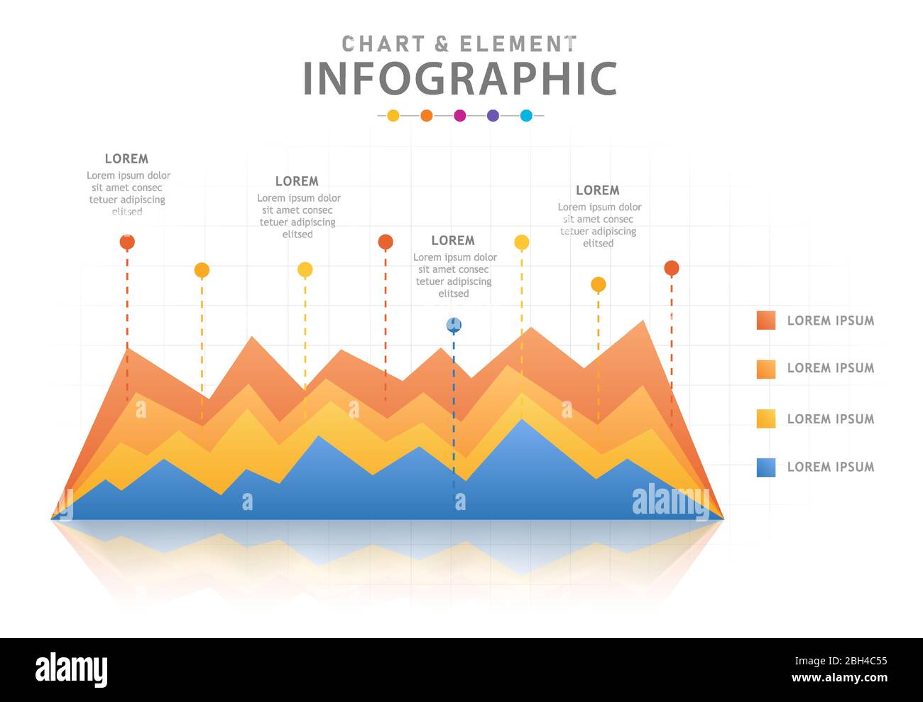 Modello infografico per le aziende. Moderno diagramma mindmap con grafico a linee, infografica vettoriale di presentazione. Illustrazione Vettoriale