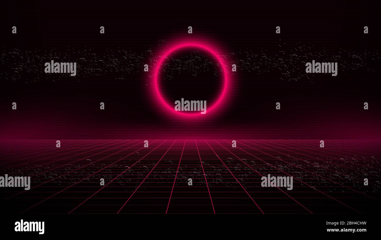 Retrowave sci-fi rosa laser prospettiva sfondo griglia con cerchio luminoso. Panorama cyber laser retrofuturistico con effetto rumore bianco glitch TV. Illustrazione Vettoriale
