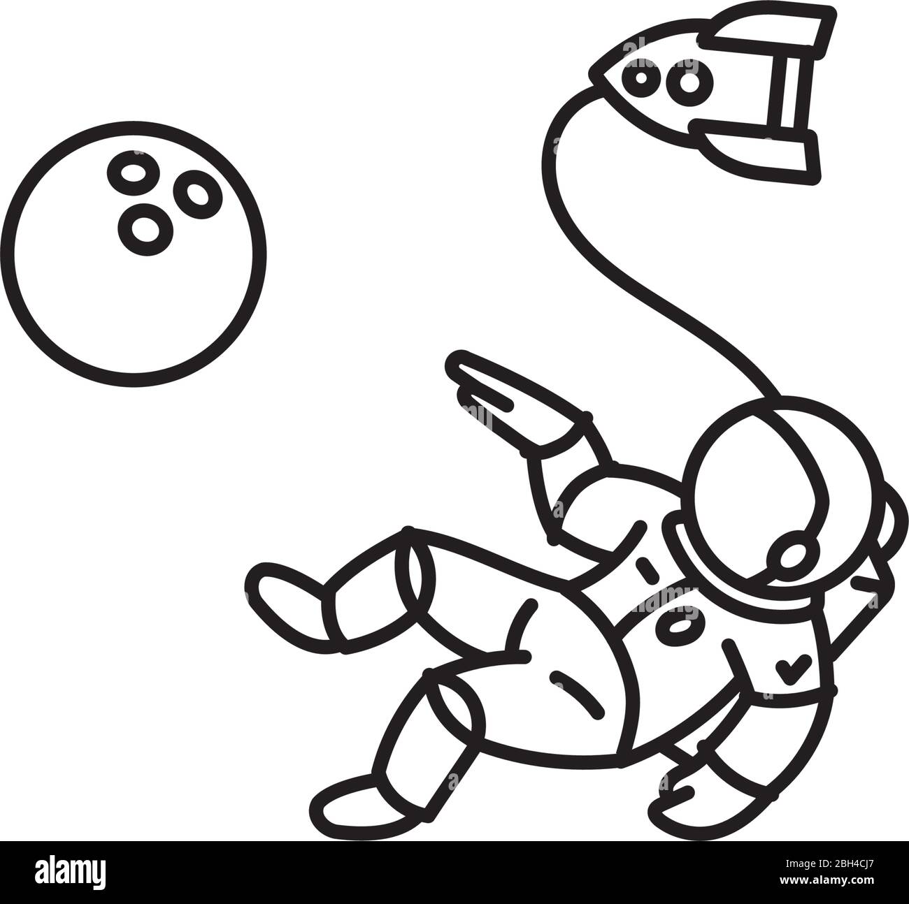 Astronauta che cammina nello spazio, puntando al pianeta a forma di palla da bowling, icona a linea vettoriale. Illustrazione Vettoriale