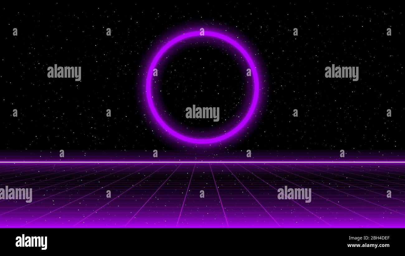Griglia di prospettiva laser viola fantascientifica di Retrowave e cerchio luminoso sullo sfondo dello spazio stellato. Panorama del cyber laser retrofuturistico. Illustrazione Vettoriale