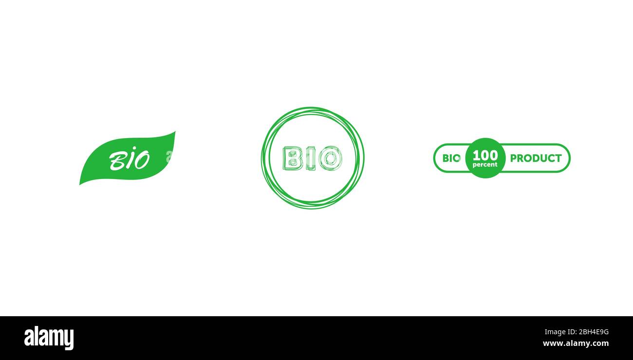 Set di bio 100% di prodotto a mano verde badge foglia e arrotondato segno rettangolare. Elemento di progettazione per il design del packaging e materiale promozionale Illustrazione Vettoriale