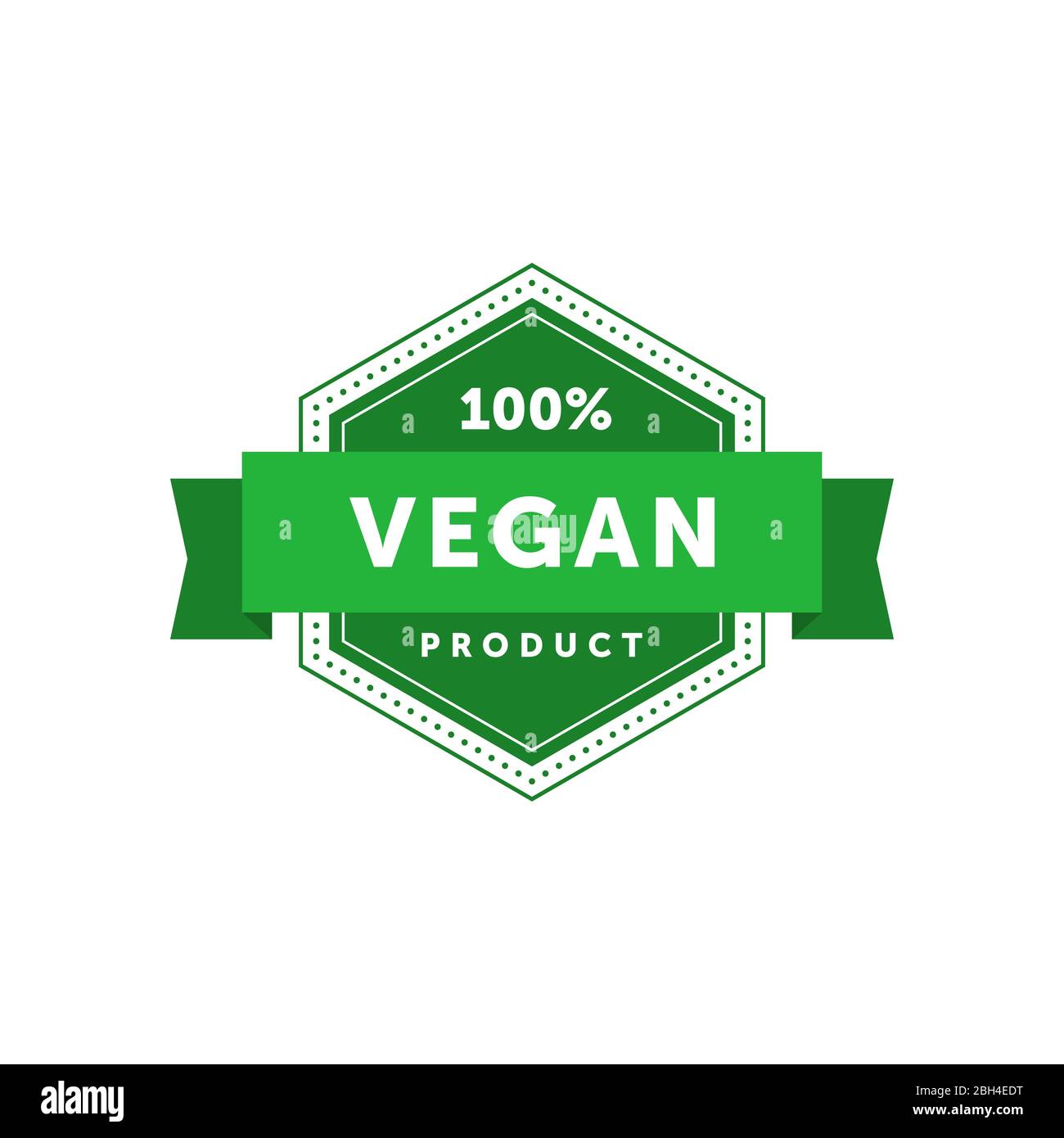 100% Vegan prodotto badge haxagonal con nastro. Elemento di progettazione per il design del packaging e materiale promozionale. Illustrazione vettoriale. Illustrazione Vettoriale