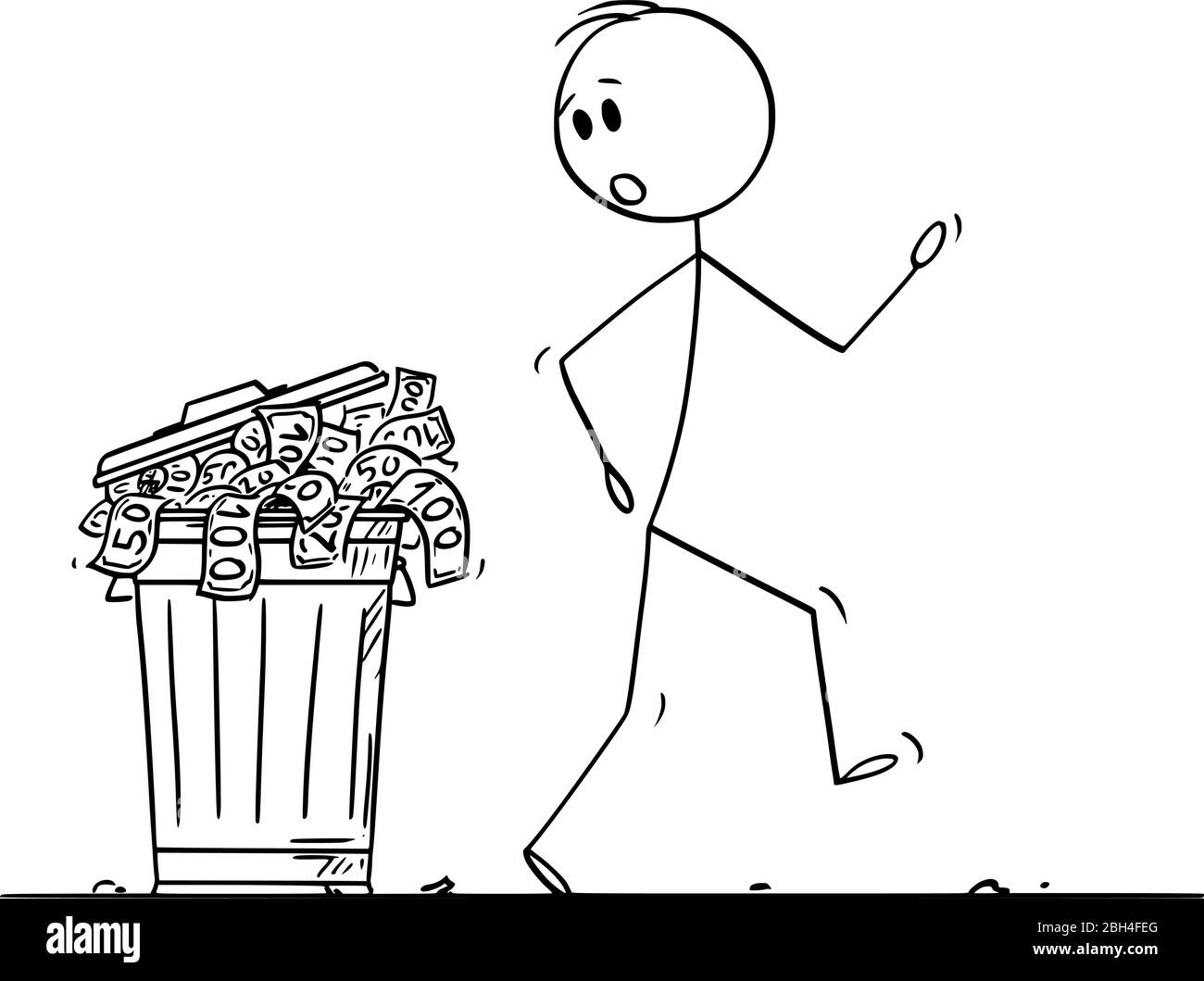 Vettore figura di bastone cartoon disegno concettuale illustrazione di uomo sorpreso o uomo d'affari camminare intorno spazzatura o spazzatura può pieno di soldi gettati come rifiuti. Illustrazione Vettoriale