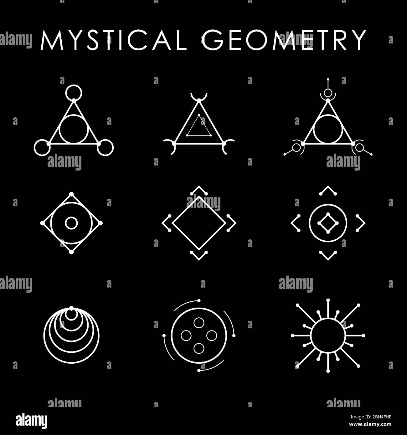 Geometria mistica simbolo bianco set disegnato in linee. Forme triangolari, circolari, rombo. Illustrazione vettoriale. Illustrazione Vettoriale