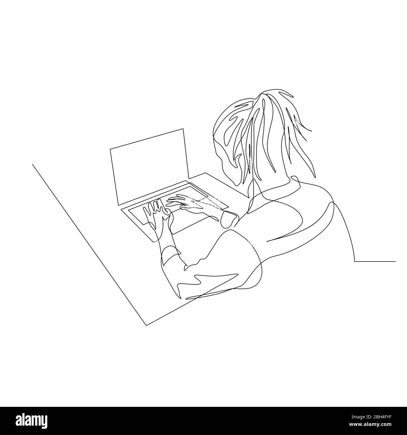 Una donna continua a lavorare con un notebook di aiuto al tavolo. Vista posteriore. Vettore Illustrazione Vettoriale