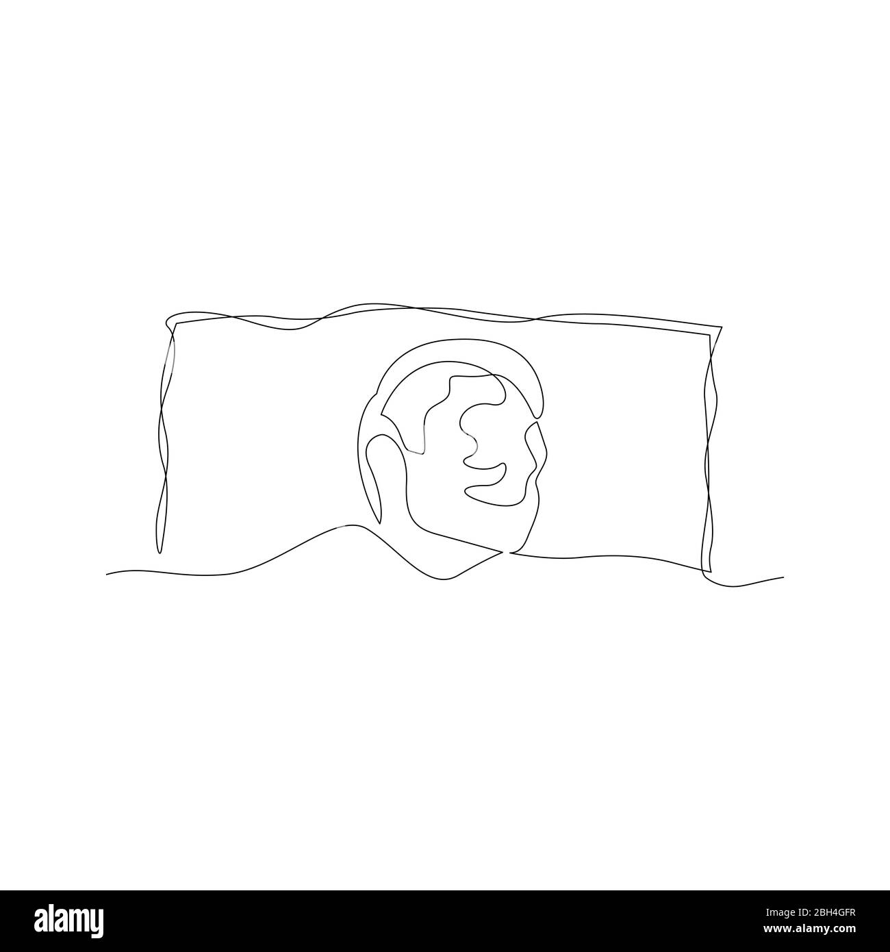 Uomo continuo di una linea che dorme sotto la coperta sul cuscino. Illustrazione vettoriale. Illustrazione Vettoriale