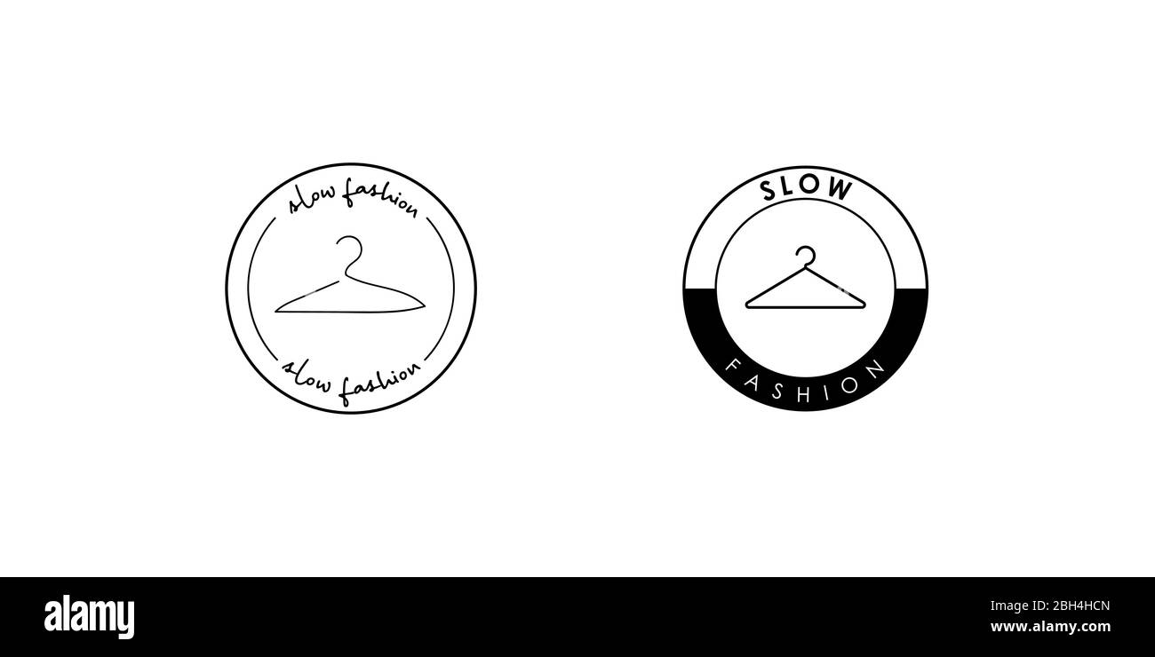 Set di badge con appendiabiti e iscrizione a mano slow fashion. Elemento di progettazione per il design del packaging e materiale promozionale. Illustrazione vettoriale. Illustrazione Vettoriale
