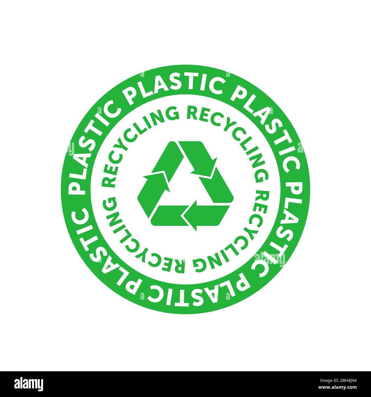 Badge circolare verde in plastica riciclabile con striscia, banda o anello Mobius. Elemento di progettazione per il design del packaging e materiale promozionale. Vettore Illustrazione Vettoriale