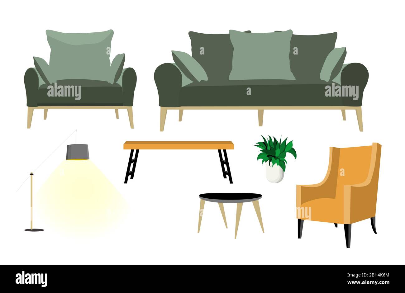 Un set di mobili per la camera: divano, poltrona, tavolino da caffè e lampada da terra. Elementi interni. Grande set di mobili. Illustrazione vettoriale isolata Illustrazione Vettoriale